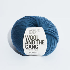 Blue skein of yarn with 'Wool and the Gang' label on a white background