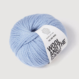 Light blue yarn ball with 'Wool and the Gang' label on a white background