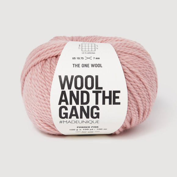 Ball of pink yarn with 'Wool and the Gang' label on a white background